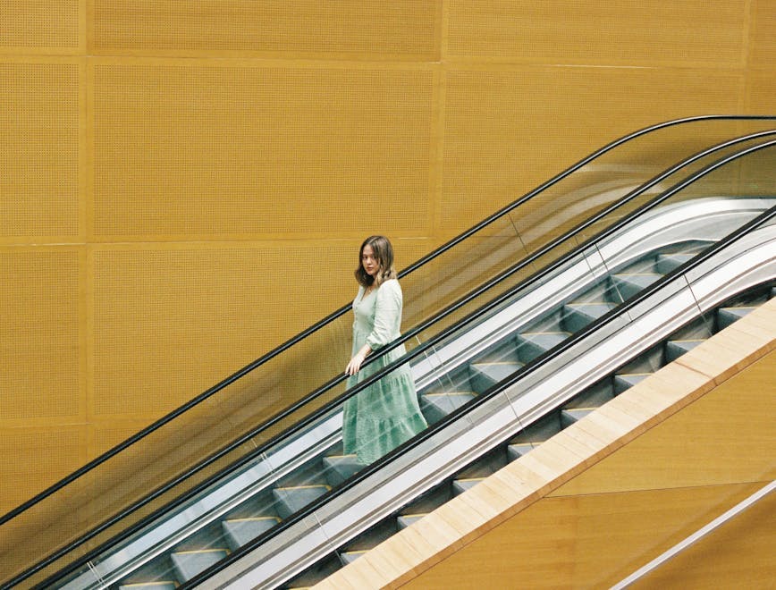 handrail housing staircase adult female person woman formal wear dress face